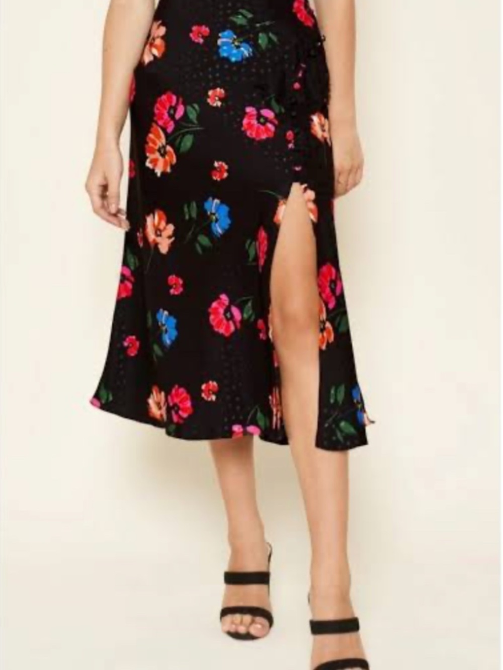 Sugarlips Retro Floral Midi Skirt Black Ditsy Polka Dot Slit Pink Blue Small